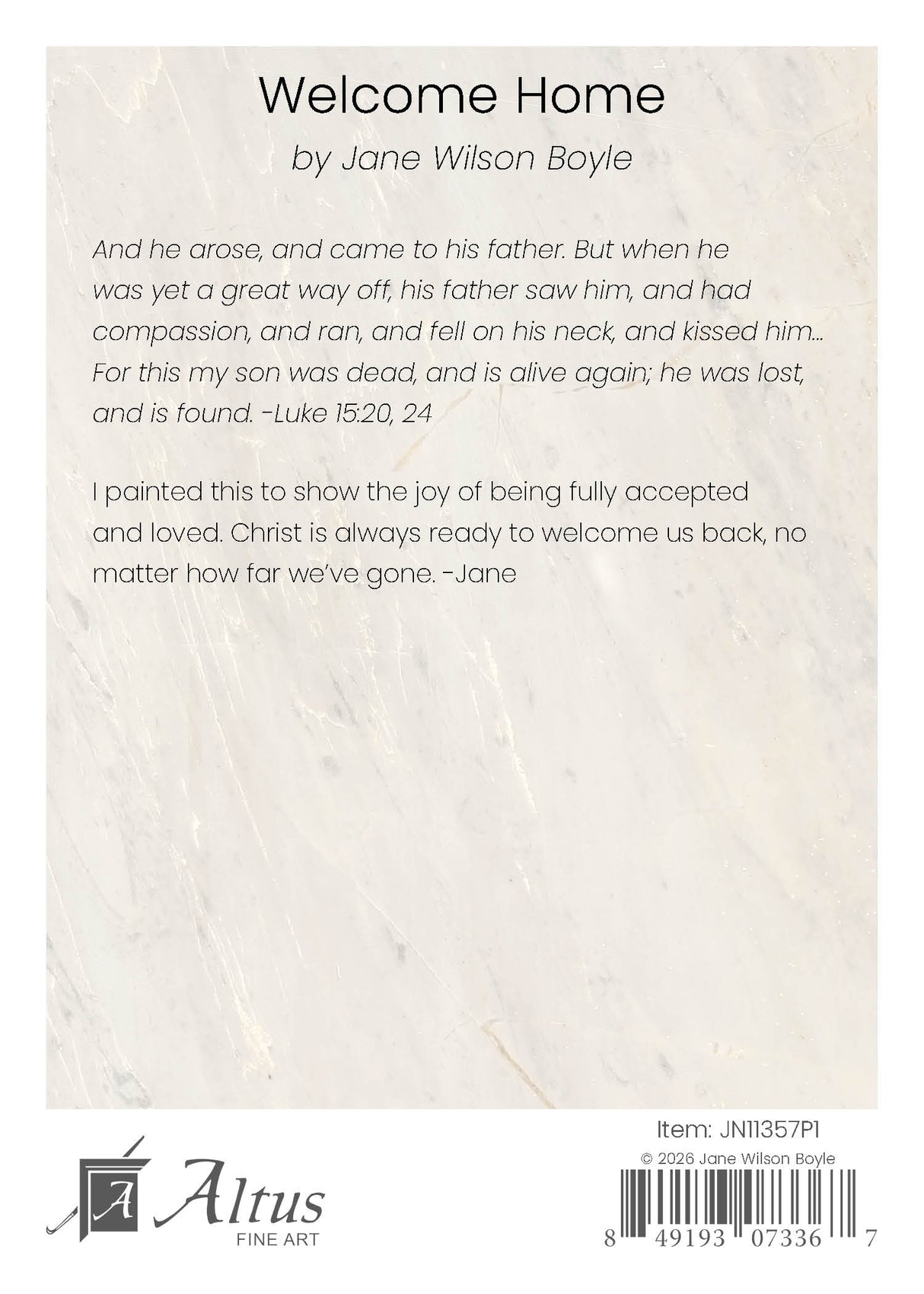 Textual artwork with 'Welcome Home' by Jane Wilson Boyle on a textured beige background, featuring the Altus Fine Art logo.