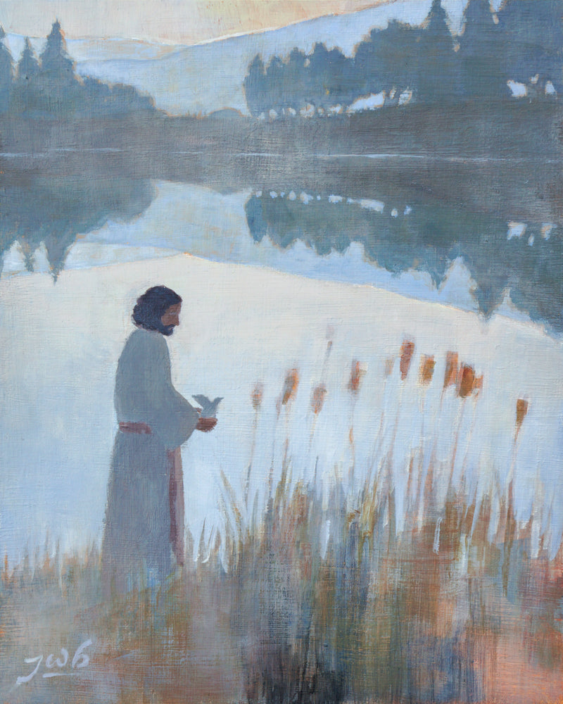 Painting of Christ standing by a still lake at dawn, gently holding a small bird in his hands, with tall cattails and reeds along the shoreline and a mirrored reflection of trees on the water.