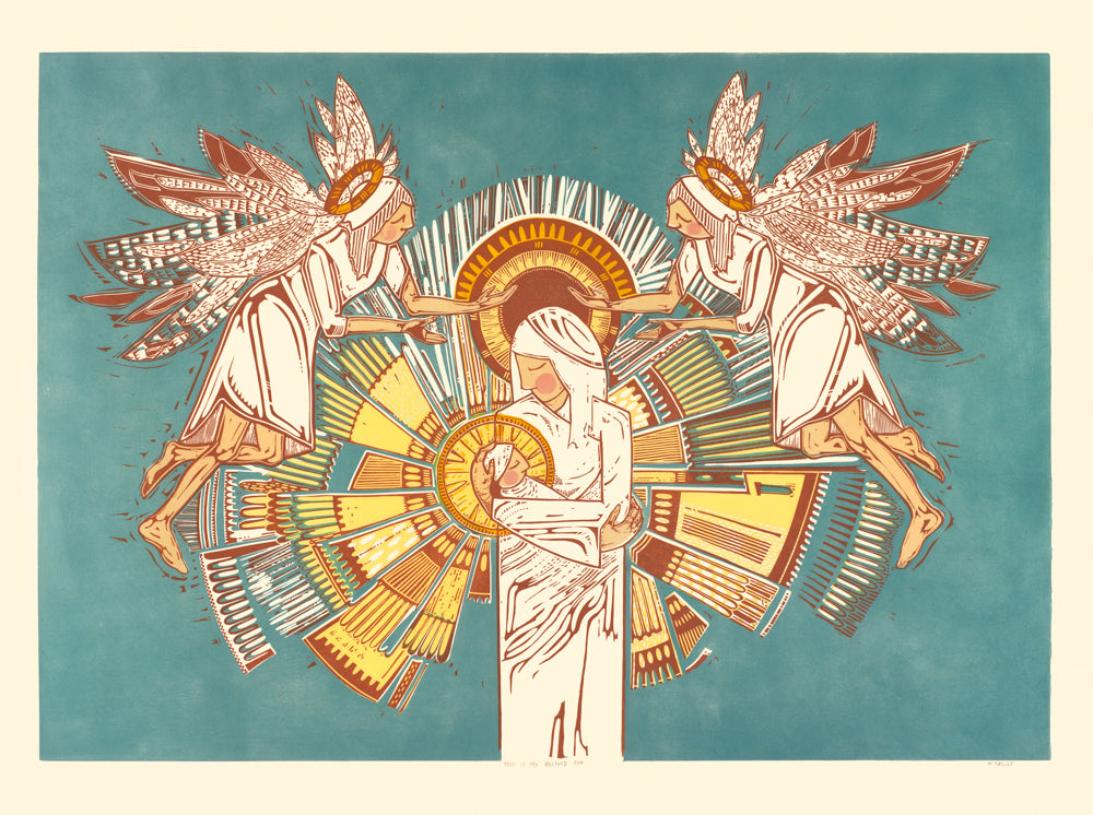 Mary and baby Jesus surrounded by angels.