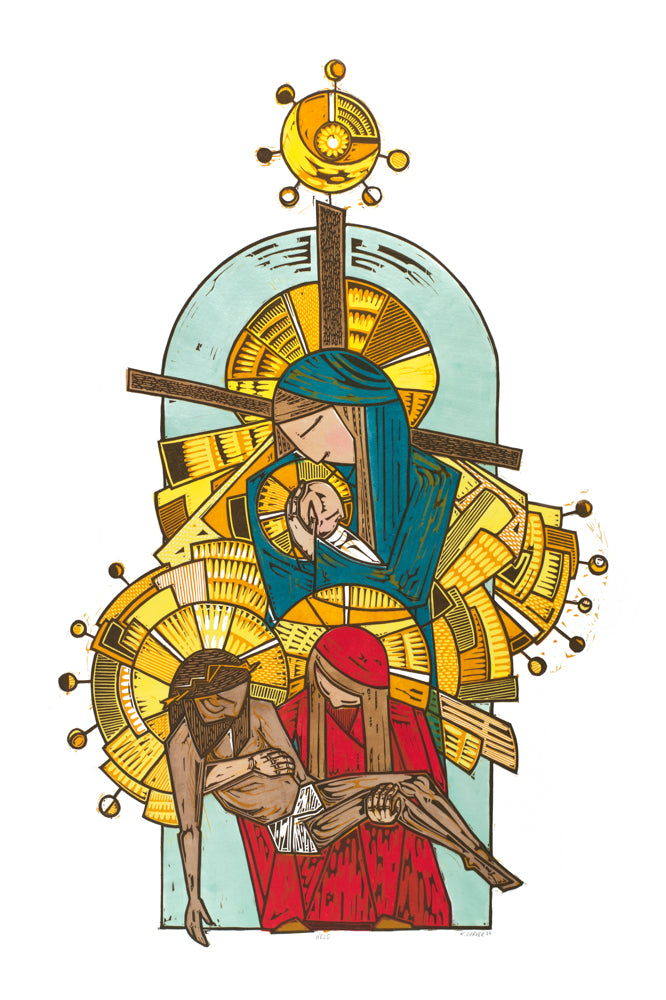 Jesus Christ being held by Mary as a baby and after the crucifixion.