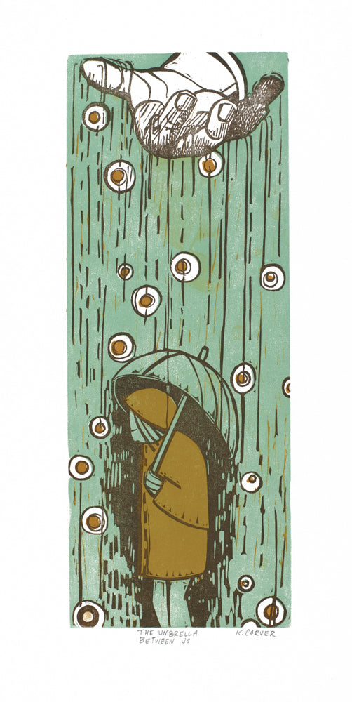 An abstract image of things raining from a hand over a person with an umbrella.