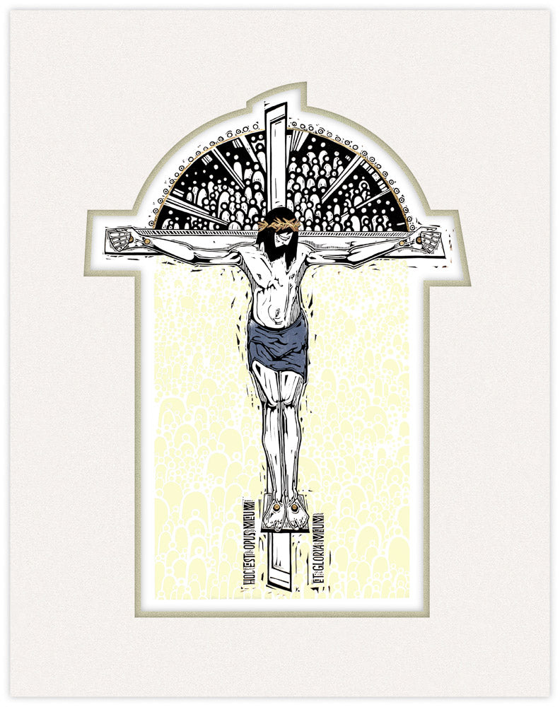 Illustration of a crucifixion scene with a stylized background