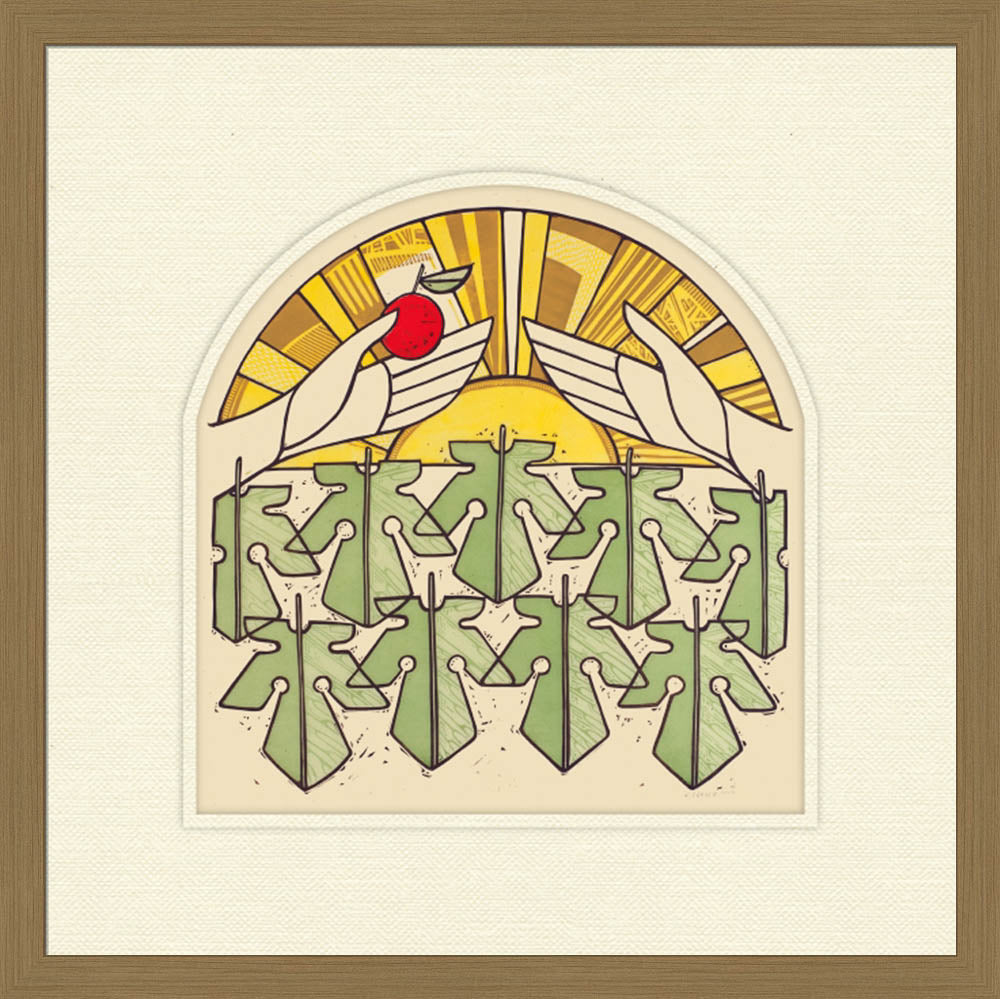Decorative artwork with hands holding a red apple against a yellow sun, framed in brown.