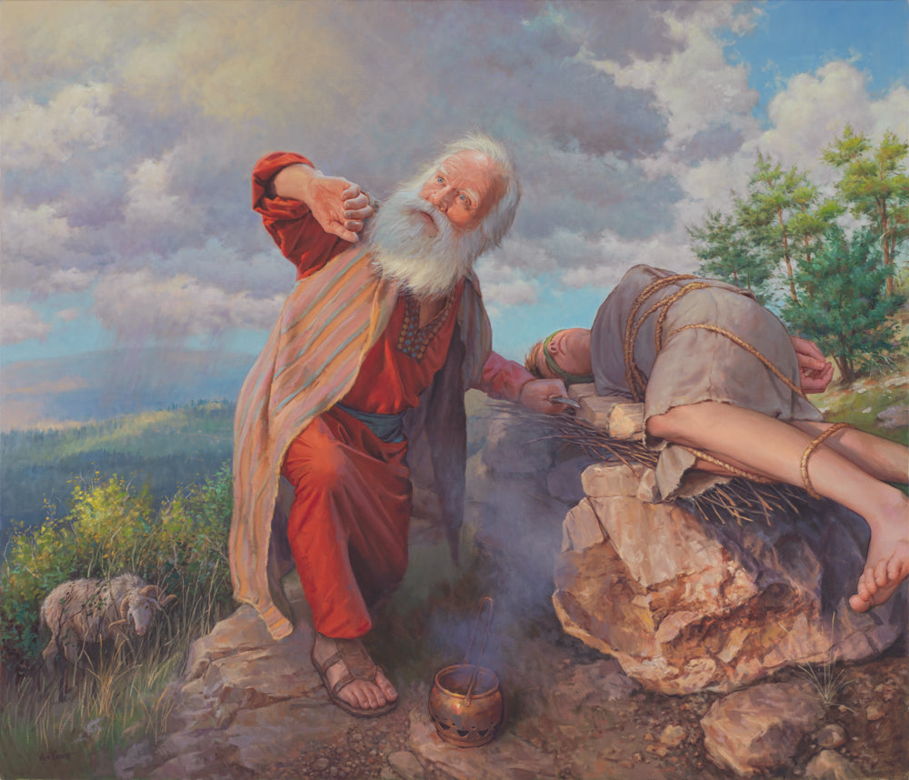 Abraham with Isaac tied on an altar.