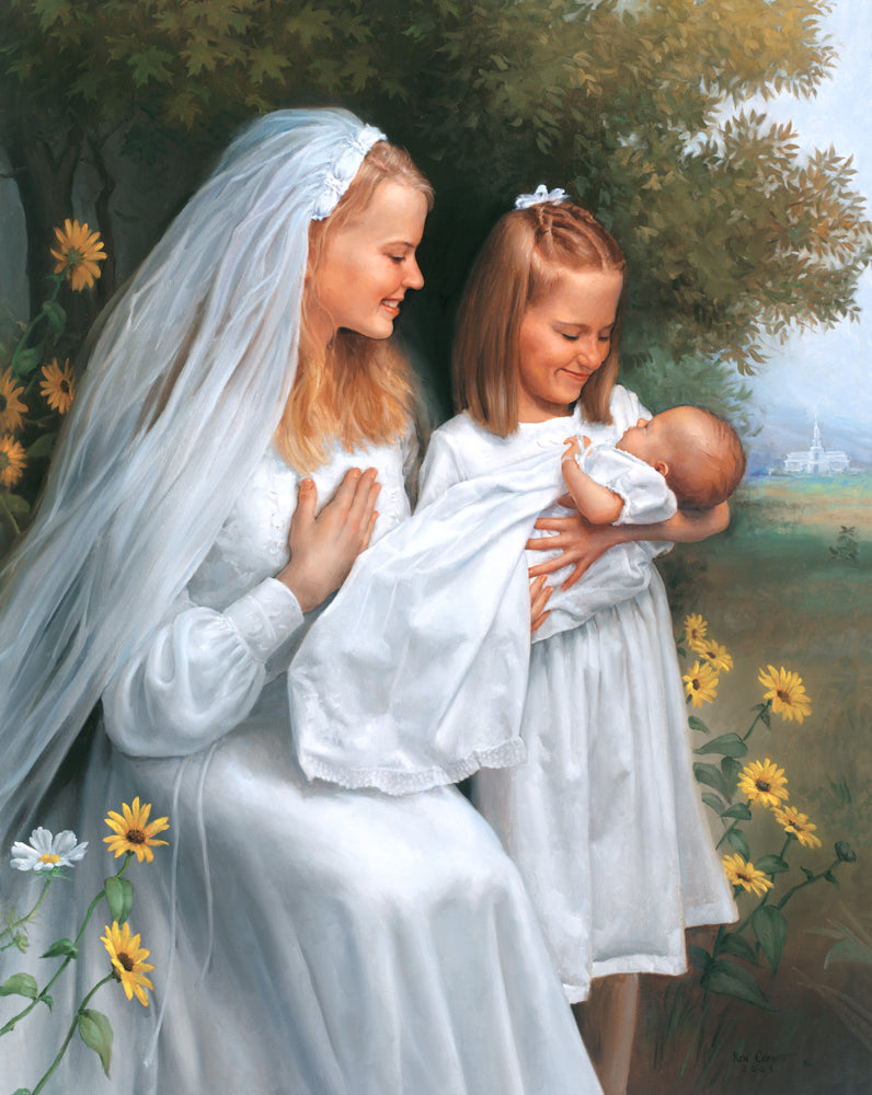A woman, a girl, and a baby wearing white with the temple in the background.