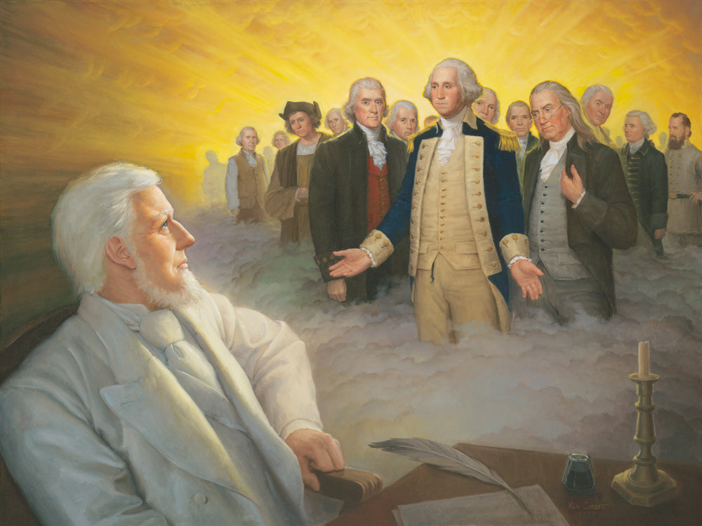 Wilford Woodruff having a vision of the founding fathers.