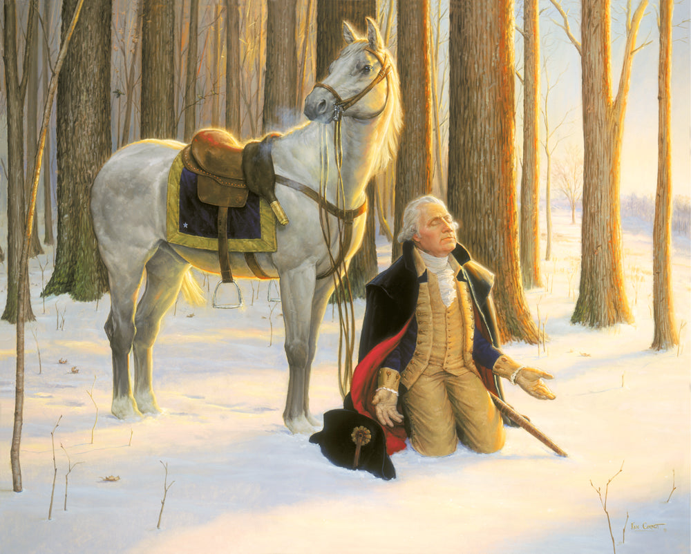 George Washington kneeling on the ground near his horse and praying.