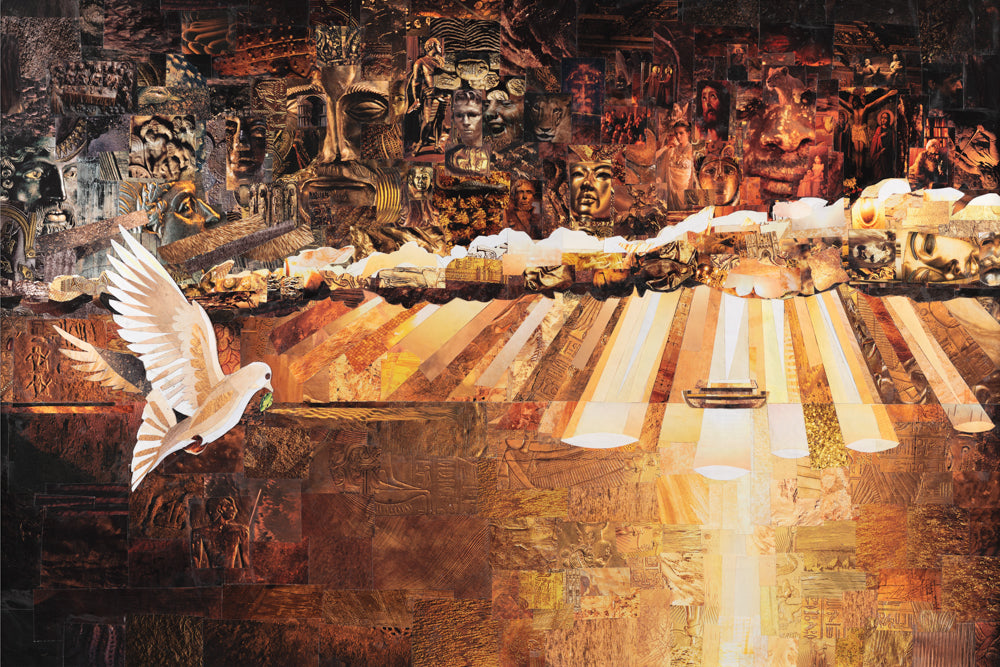 A dove with an olive branch flies toward Noah's ark with a collage of images in the clouds above.