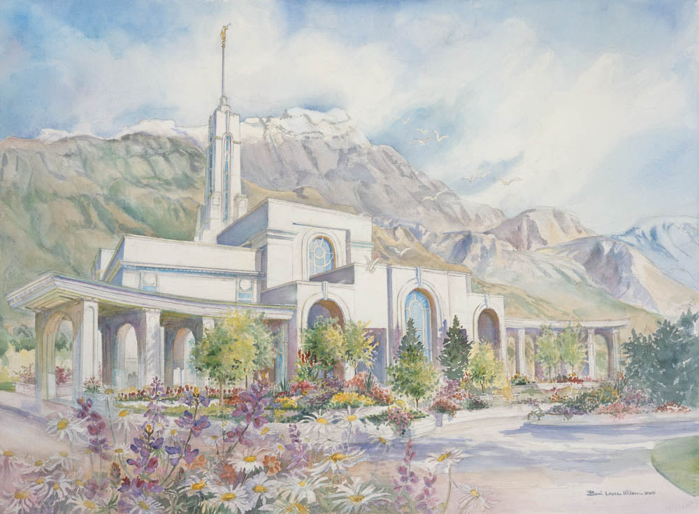 Painting of Timpanogos Utah LDS Temple and grounds.
