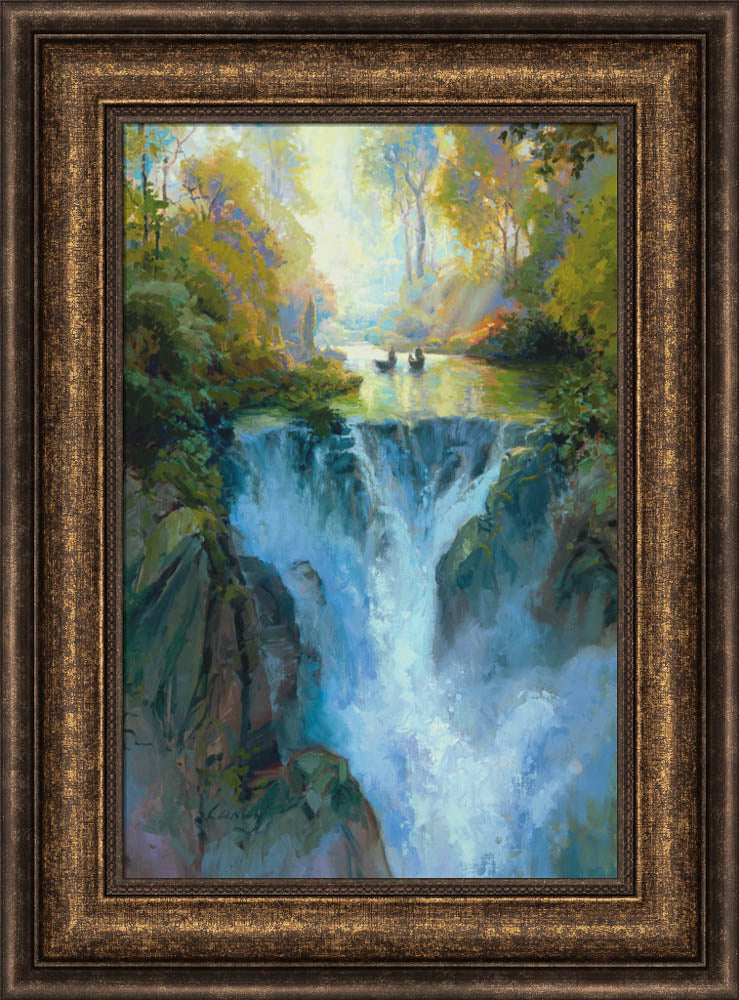 Two small boats paddling upstream above a waterfall.