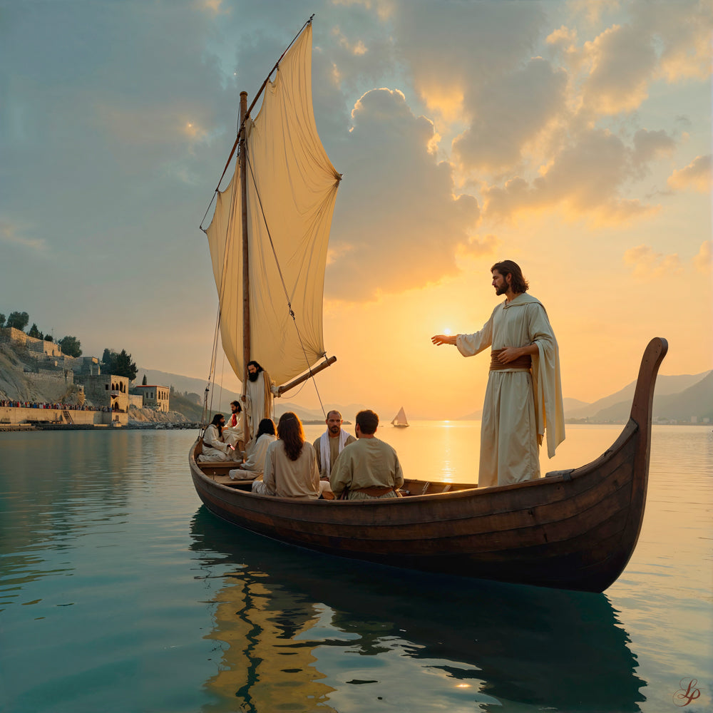 Jesus Christ on a boat with his disciples.