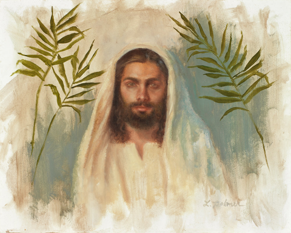 A portrait of Jesus Christ with palm fronds.