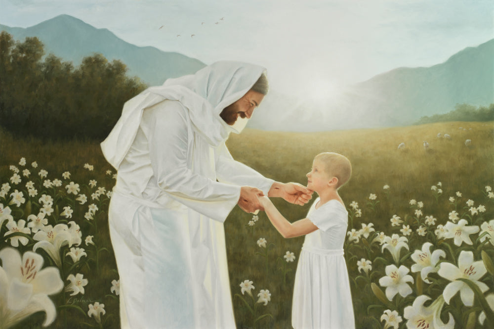 Jesus Christ with a little girl in a field of lilies.