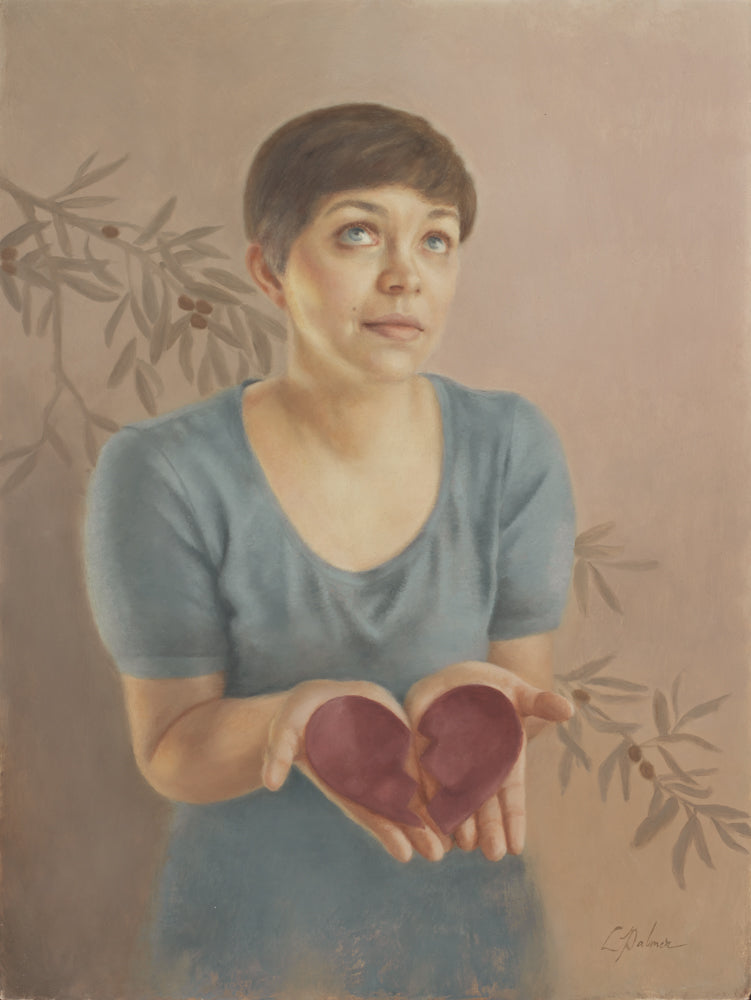 A painting of a short-haired woman in a blue shirt gazing upward as she holds out a broken heart in her open hands, with faint olive branches in the background, symbolizing the offering of a broken heart and contrite spirit.