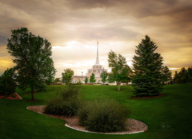 The Billings Montana temple with trees and a golden sky.