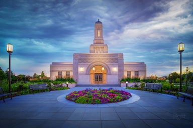 The Helena Montana temple in blue light.