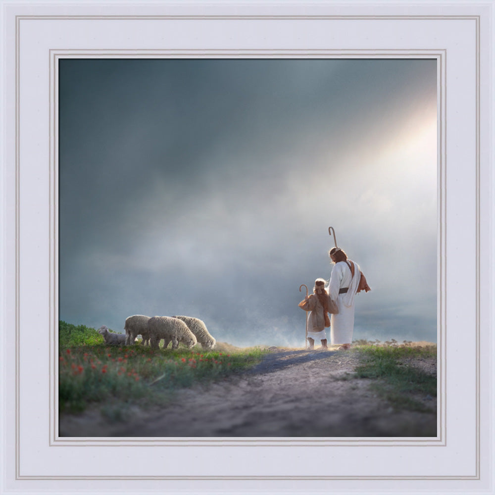 Jesus and a child shepherd watch three sheep.