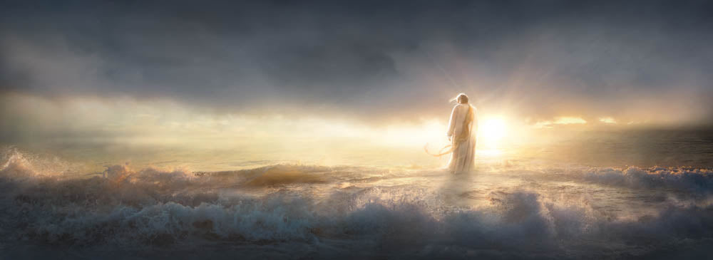 Jesus walking on the water. Sunrays glint off the waves.