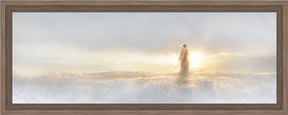Jesus walking on water. Bright sunlight glints off the waves.