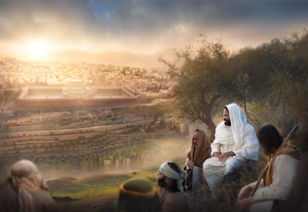 Christ seated on the Mount of Olives with his disciples gathered around him, the city of Jerusalem and the temple visible in the misty valley below.