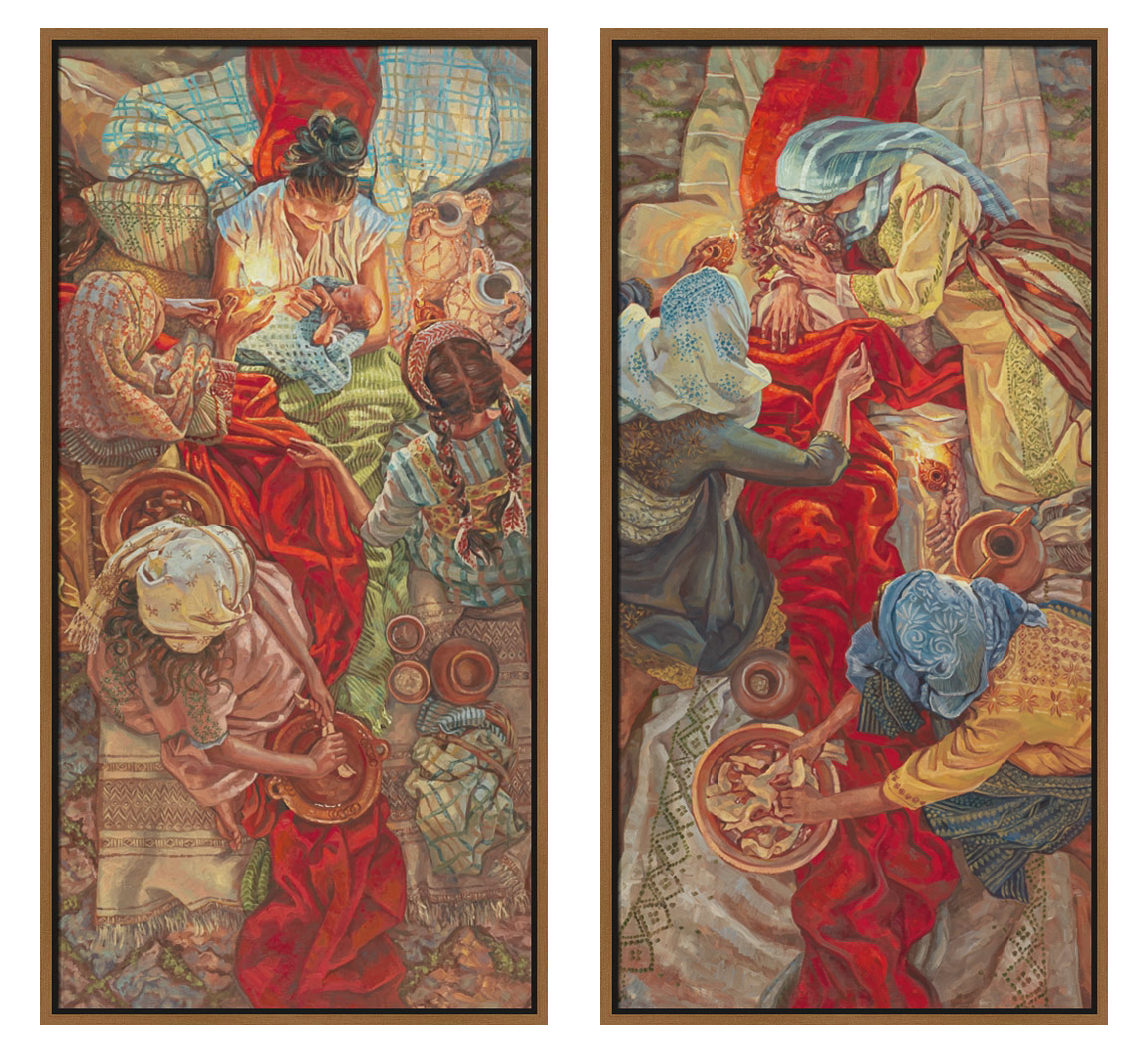 Two tapestry panels depicting scenes with people and intricate details.