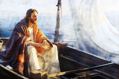 Jesus Christ sitting in a boat to teach.