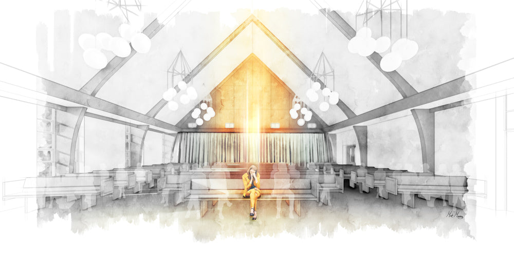 A woman praying in a chapel.