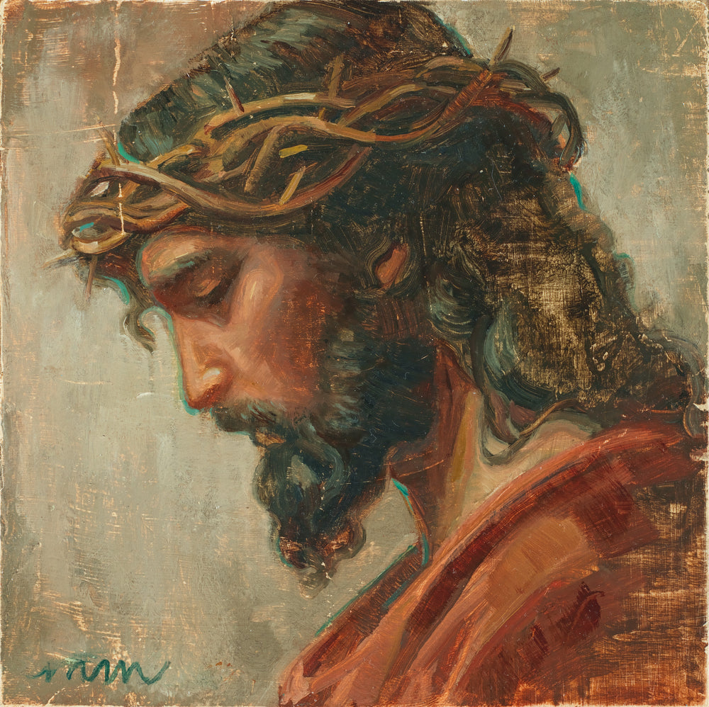 A portrait of Jesus Christ with a crown of thorns.