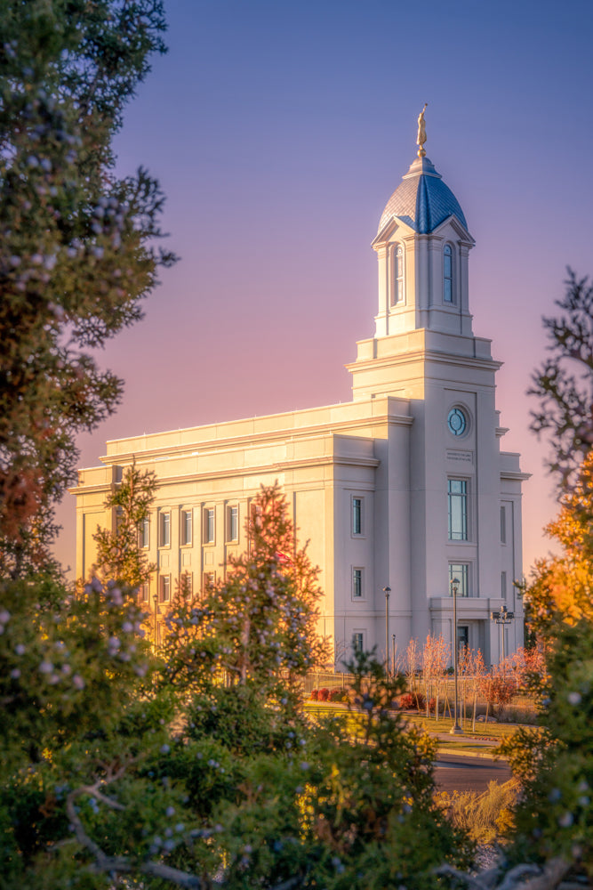 The Cedar City Utah Temple in the light of the evening sunset.