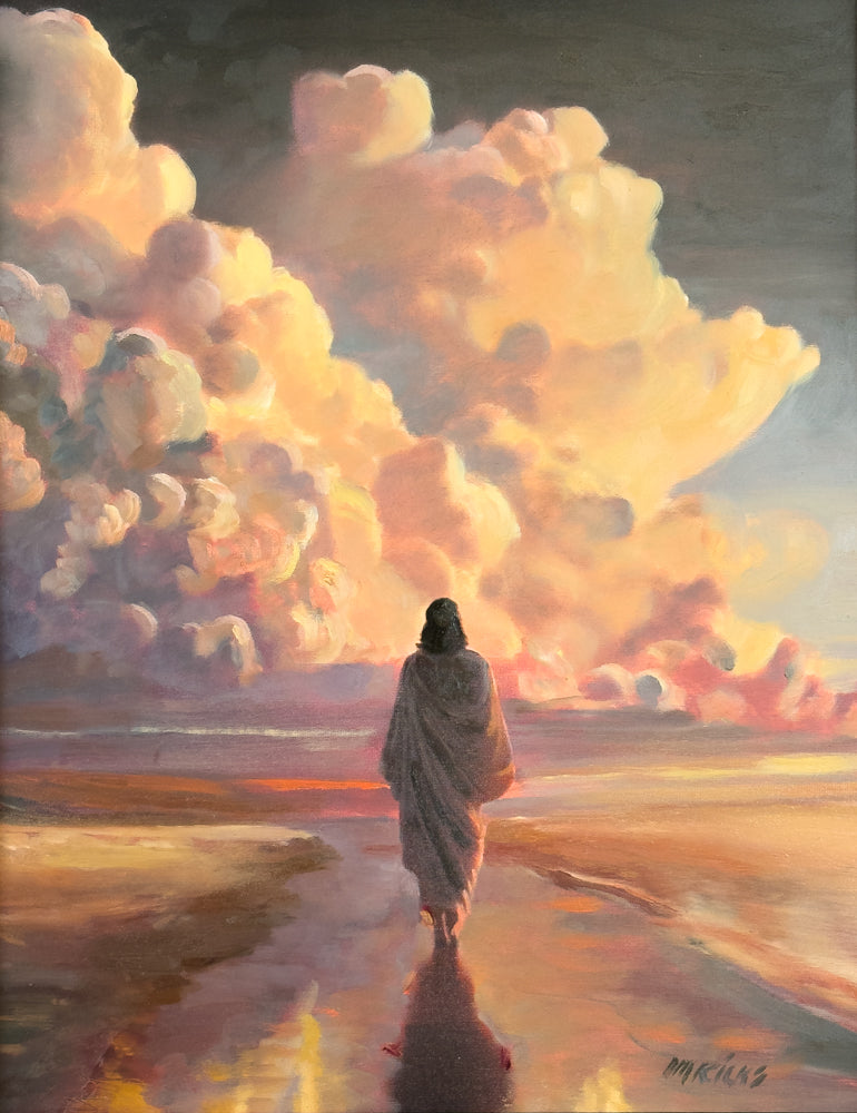 Jesus Christ walking with large cumulus clouds in the sky.