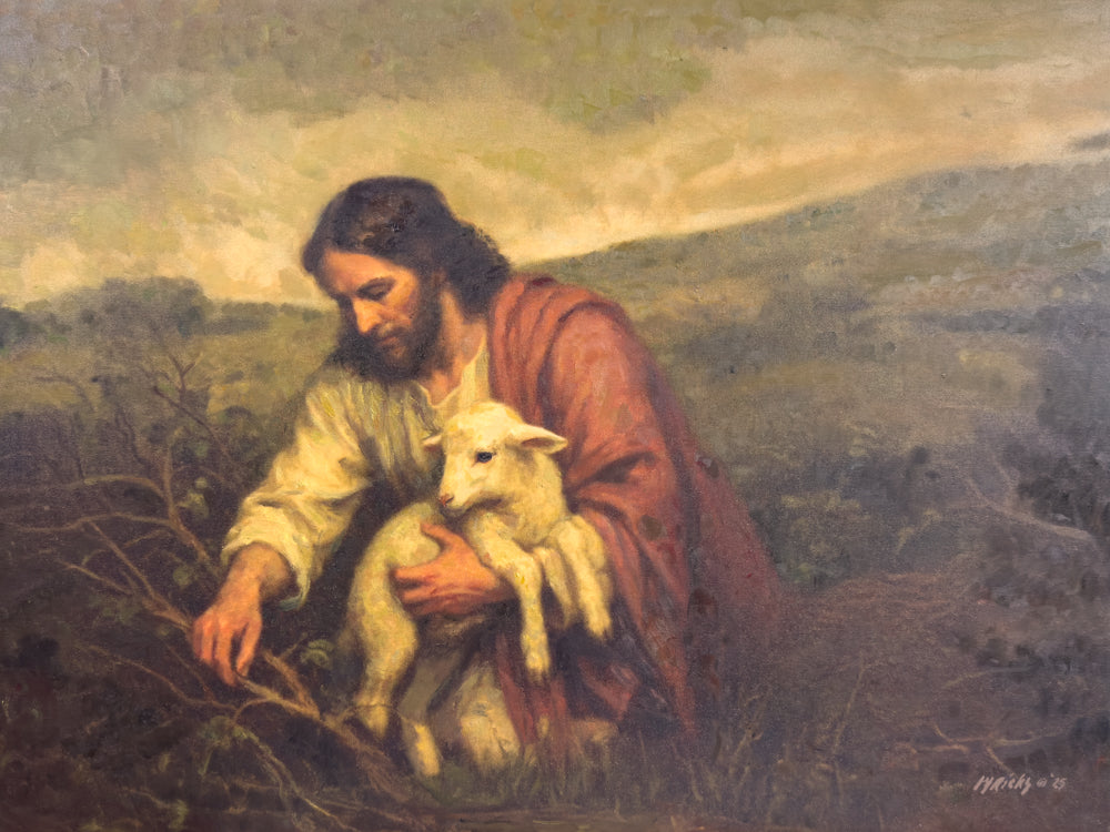 Jesus Christ rescuing a lost sheep from some brambles.