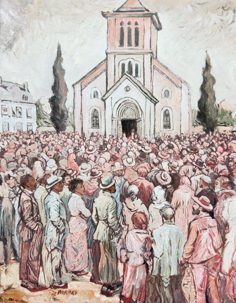 A crowd of diverse people mingle outside a church building.