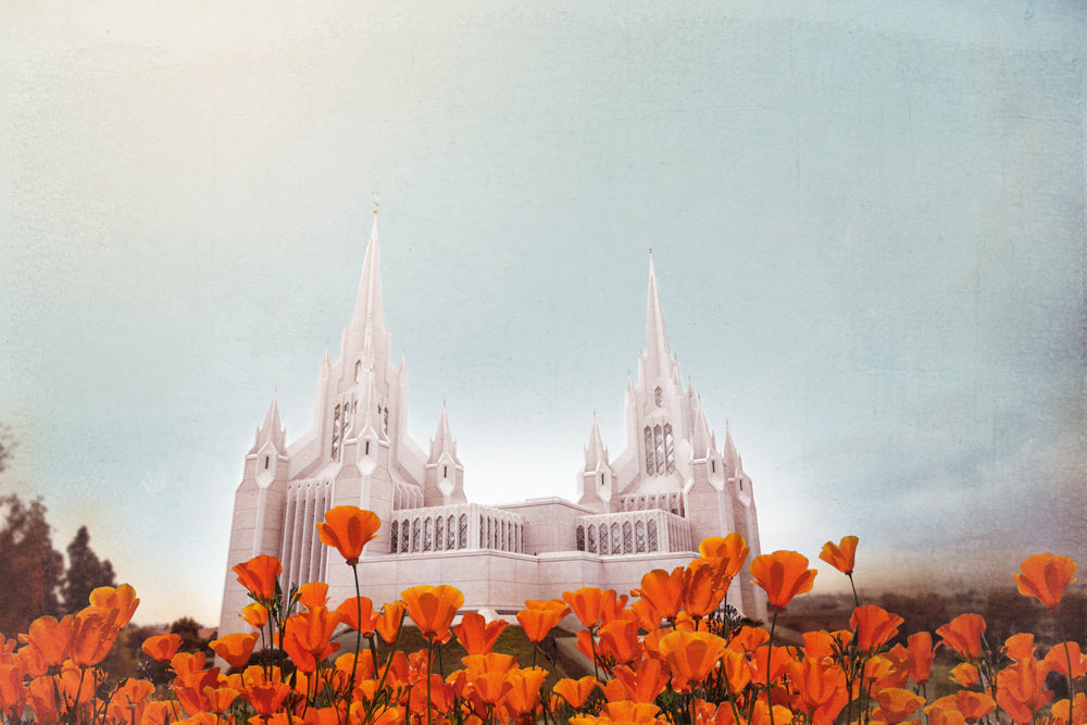 The San Diego California Temple with orange flowers.