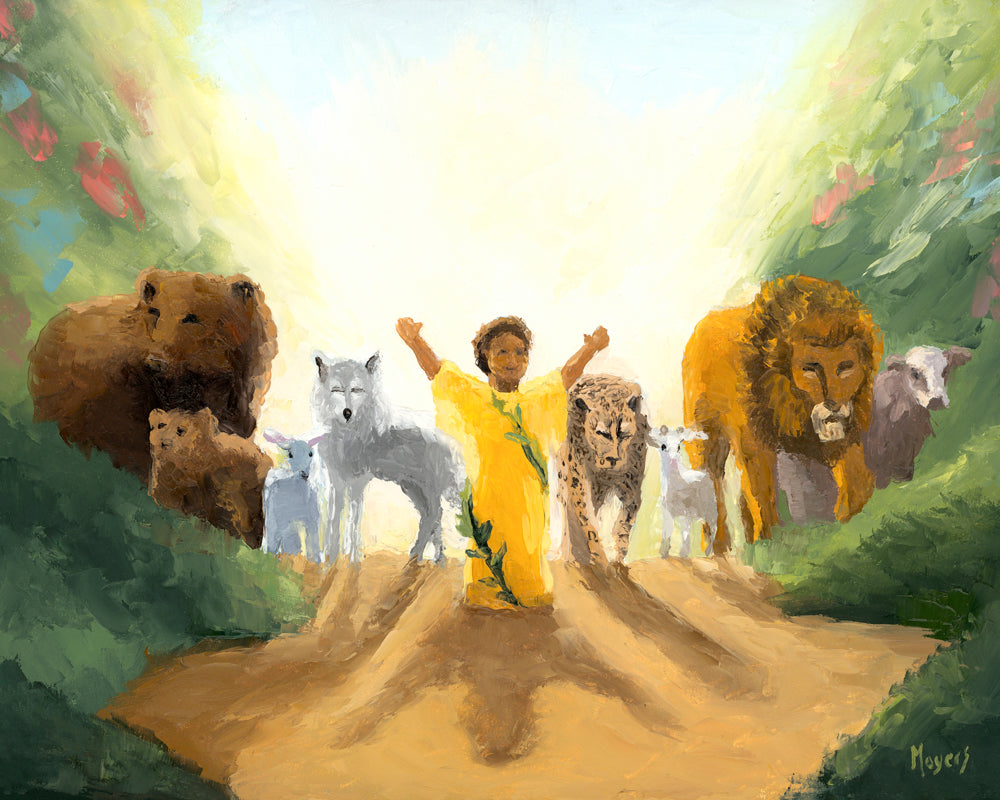 A person surrounded by animals based on Isaiah Chapter 11.