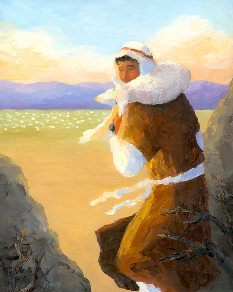 Painting depicting Jesus' parable of the shepherd who leaves his flock of sheep to pursue the one sheep who was lost.