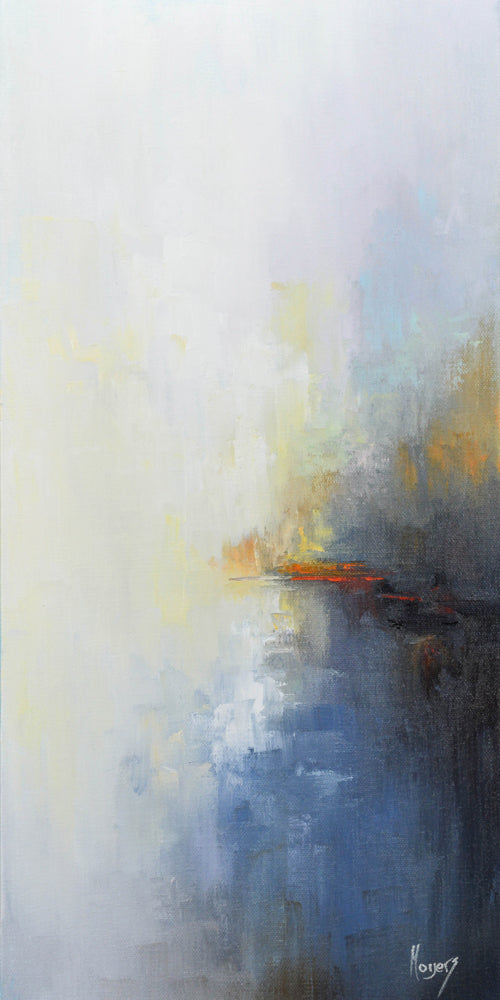 An abstract representation of a misty lake.