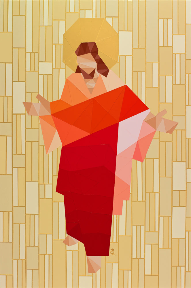 An acrylic painting on wood panel of Christ in a red robe with arms open wide, his entire figure composed of angular geometric fragments like a stained glass mosaic, with a golden octagonal halo and a cream and gold tile-patterned background.