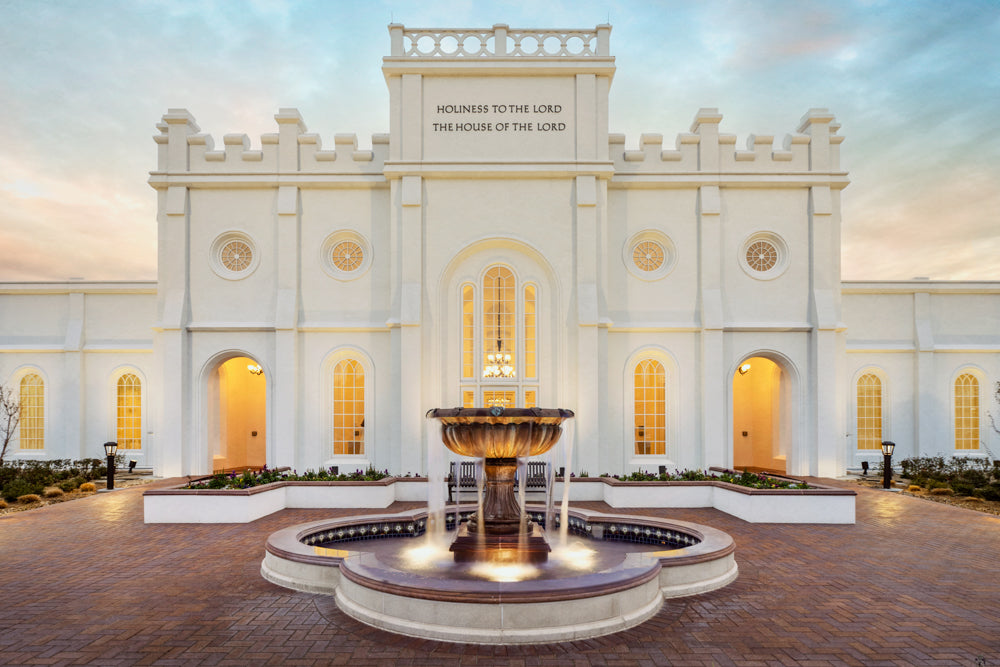 The St. George Utah Temple with a fountain.