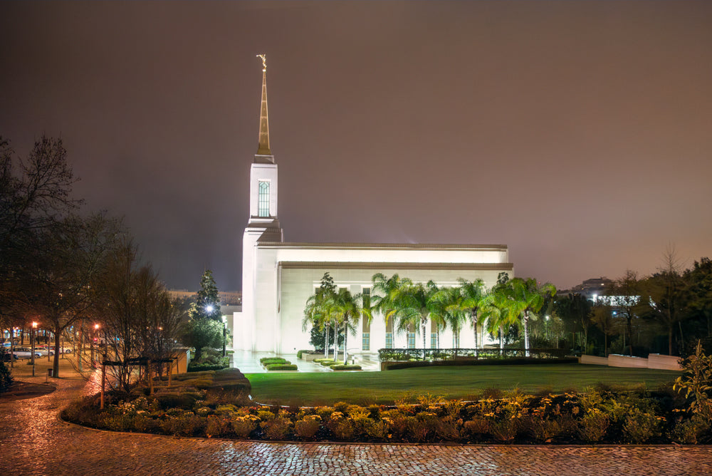 The Lisbon Portugal Temple at night.