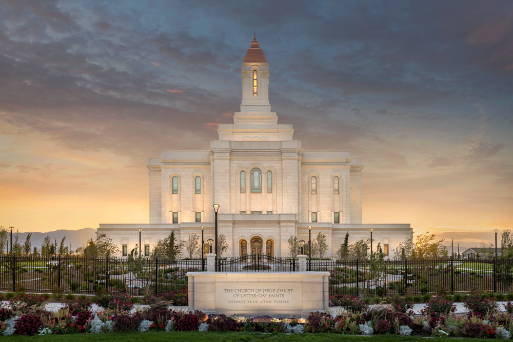 The Deseret Peak Utah Temple at sunset.