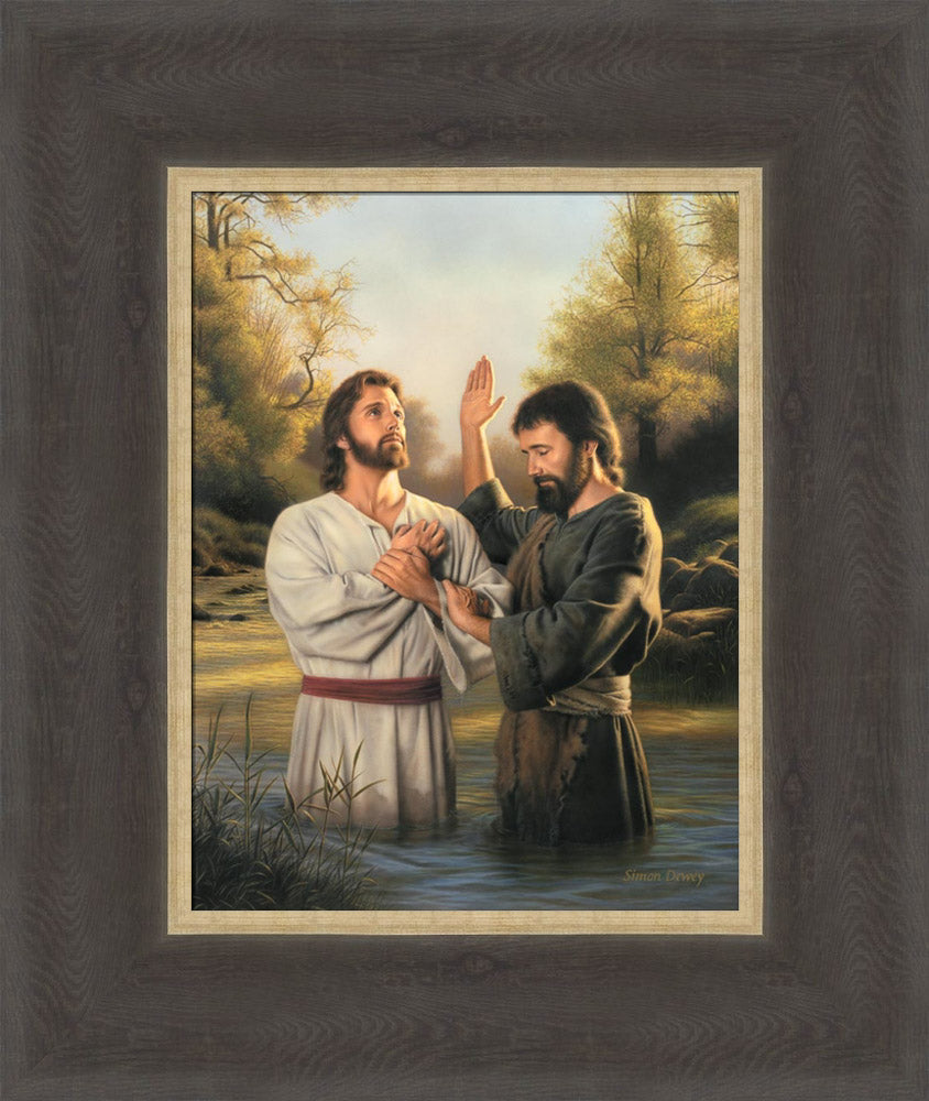John the baptist preparing to baptize Jesus in the Jordan river.