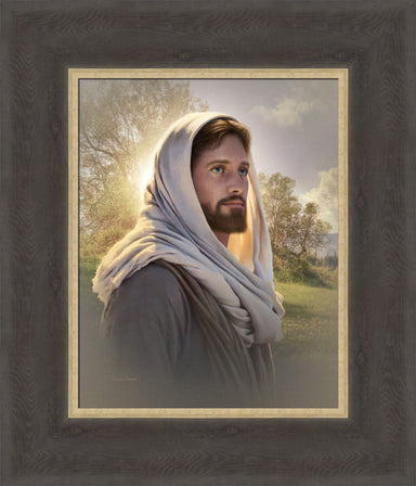 Painting of Christ standing in field with trees behind him.