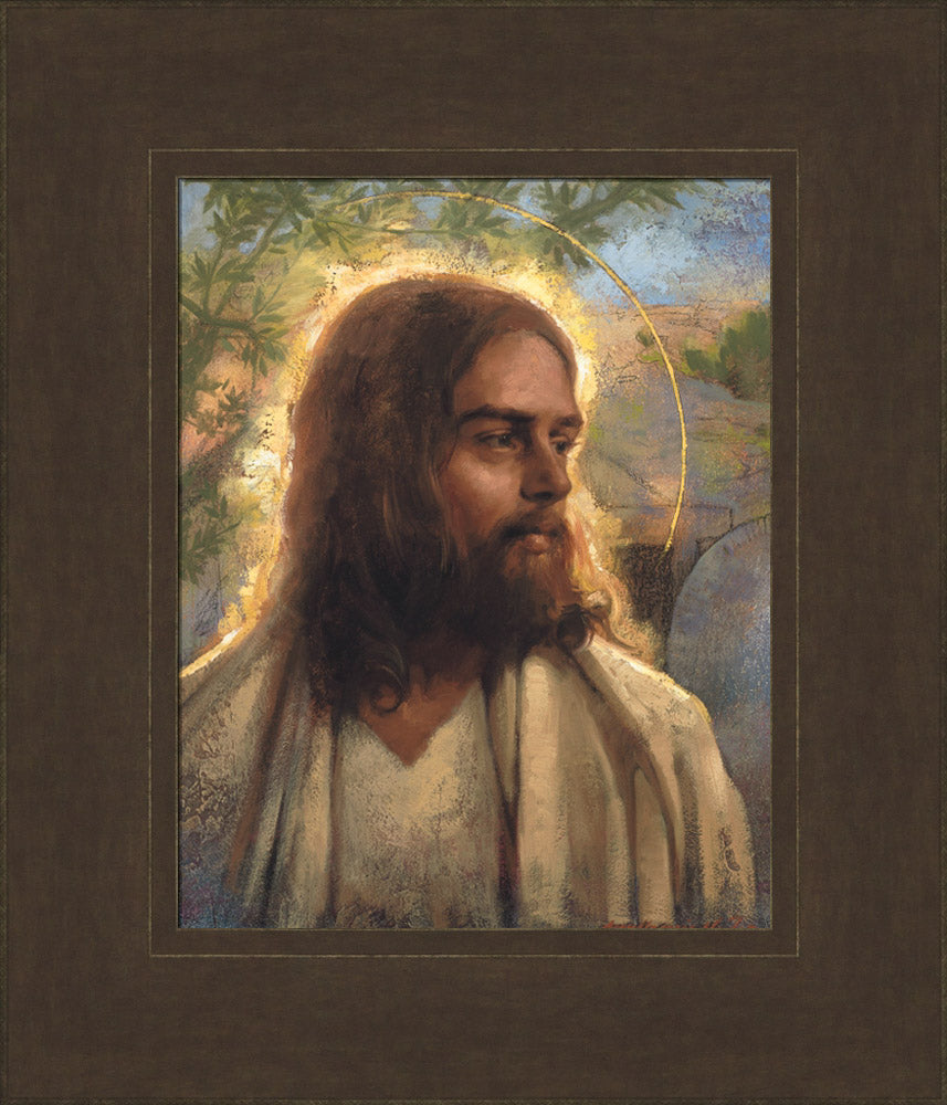 Resurrected Jesus with halo standing in front of the open tomb.