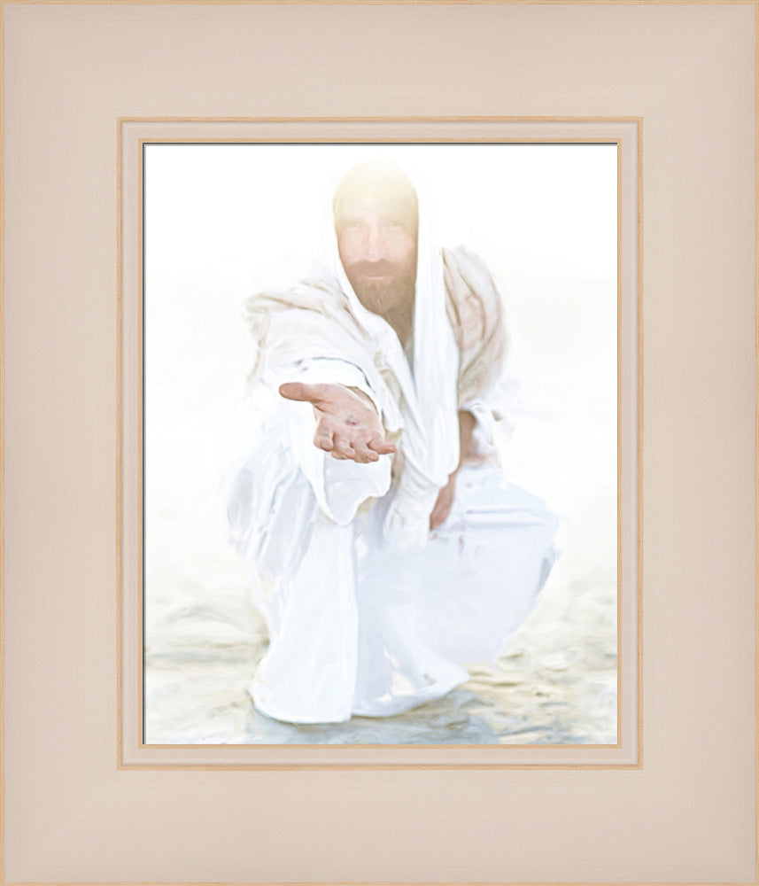 Jesus smiling gently and reaching out His hand toward the viewer.