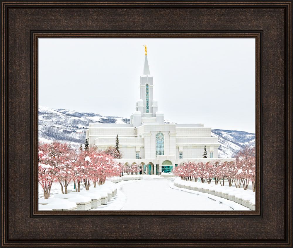 Bountiful Temple - In the Snow 22x26 framed strata design bronze frame