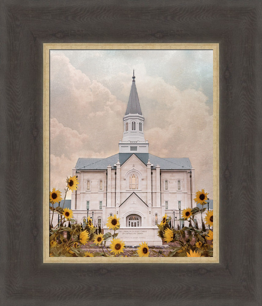 The Taylorsville Utah Temple with wild sunflowers.