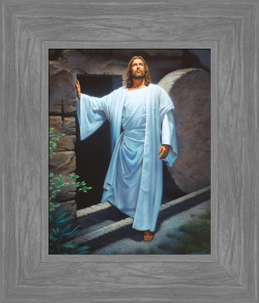 Resurrected Christ emerging from the tomb with the stone rolled away.