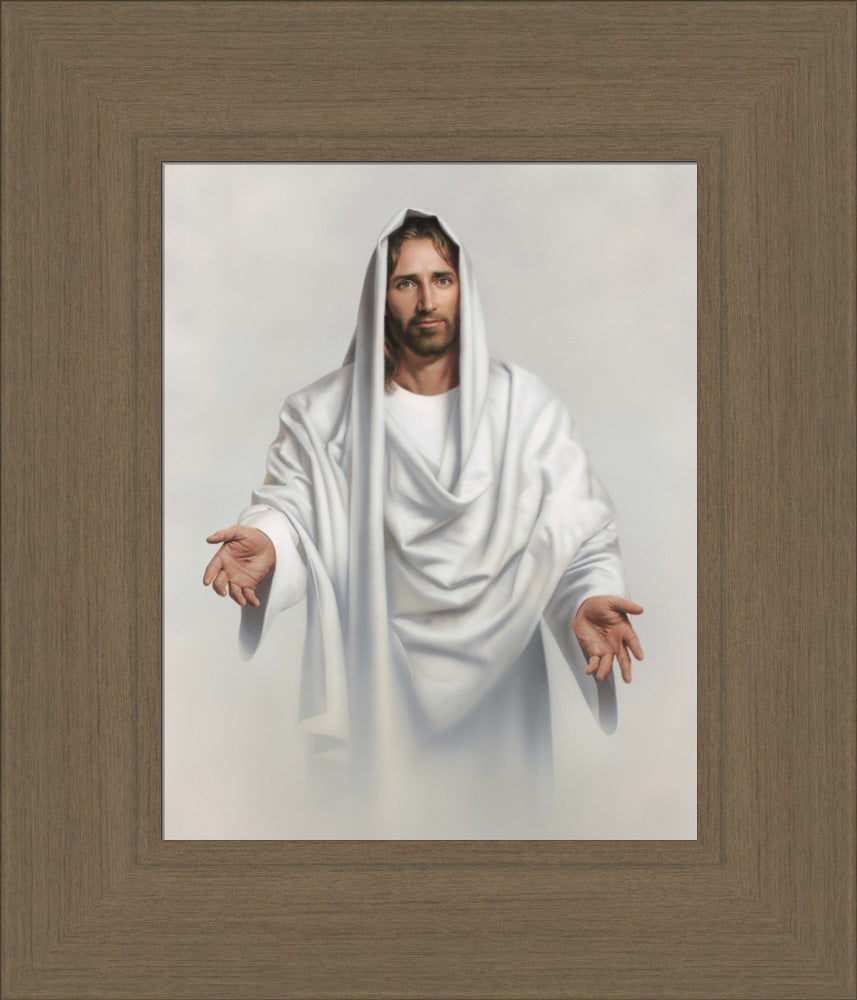 Jesus dressed in white robes with his arms outstretched to welcome us.