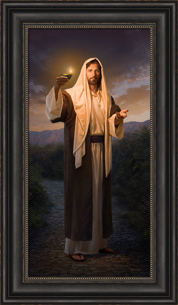 Christ standing on a path and holding up his lamp inviting us to follow him.