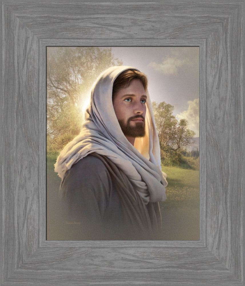 Painting of Christ standing in field with trees behind him.